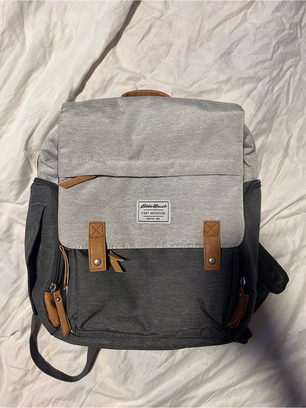 Eddie Bauer Diaper Bag Backpack Two-Tone Grey Backpack with Tan Accents